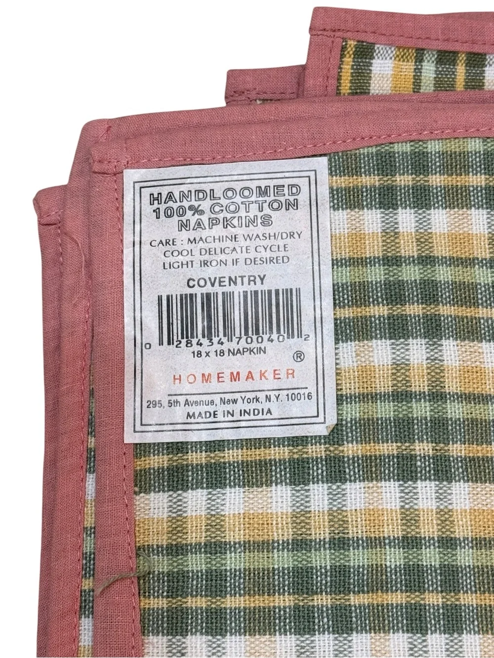 Homemaker Coventry Handloomed Cotton Napkins Set 4 Sage Green Pink Plaid Cottage